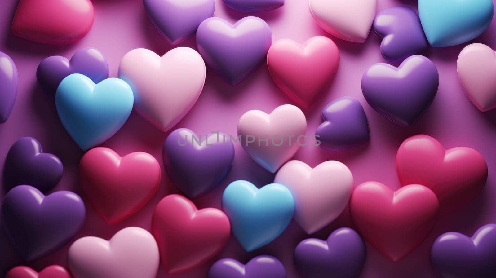 Pink, blue and purple heart shaped candies on pink background. Pile of heart pebble, stone. Valentine's day. Heart shape of pebble on small peddles