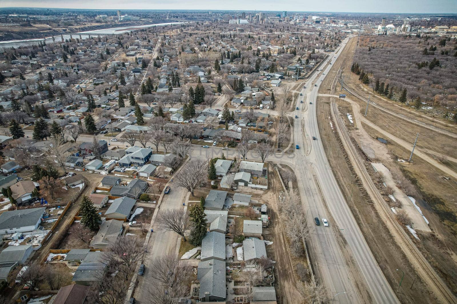 Drone image showcasing Richmond Heights, Saskatoon, with its quaint streets and residential areas.