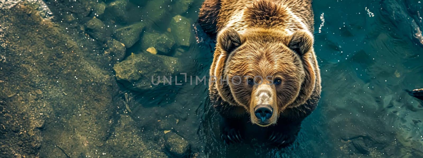 An intimate top-down view of a grizzly bear in water, offering a unique perspective on the majestic creature and its natural environment. copy space