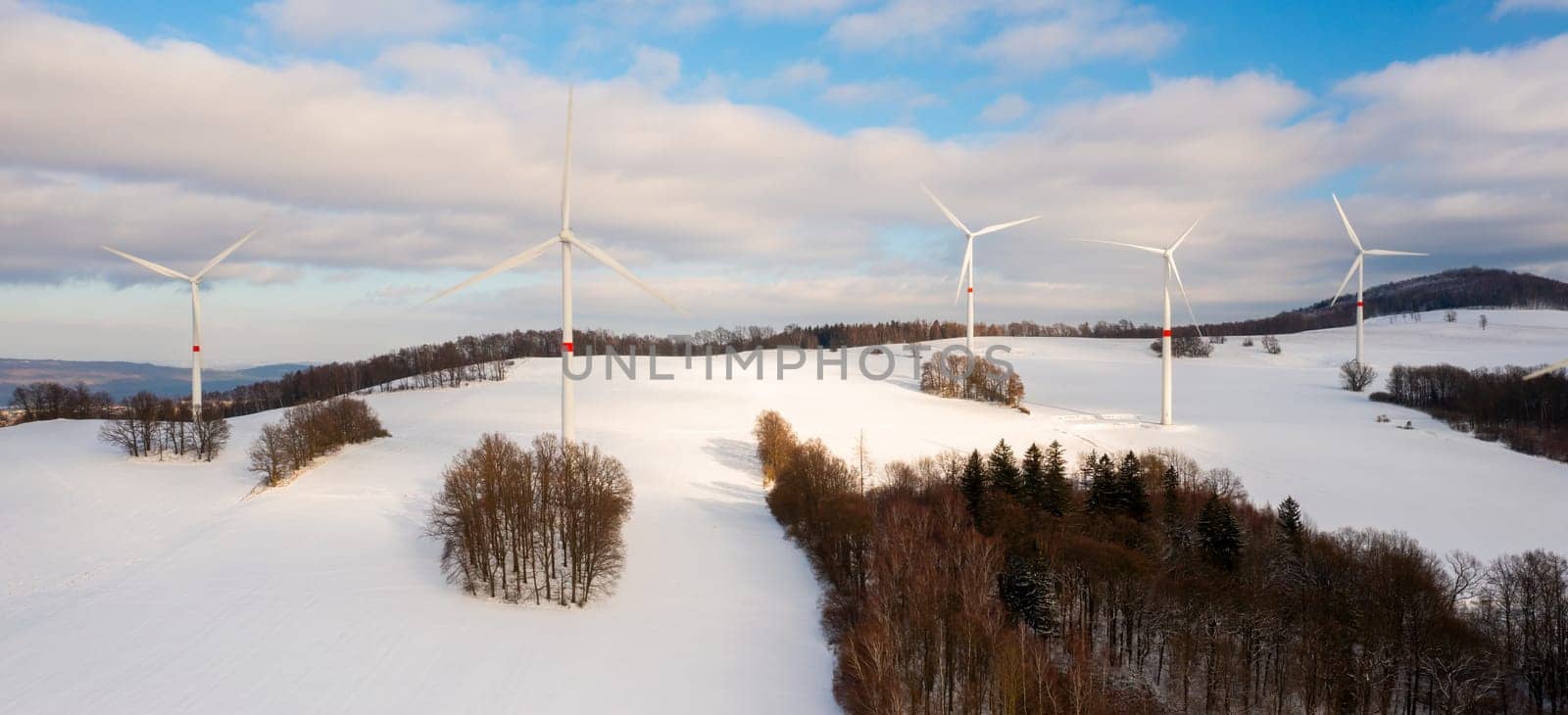 Banner of wind farm or wind park, with high wind turbines for generation electricity with copy space,