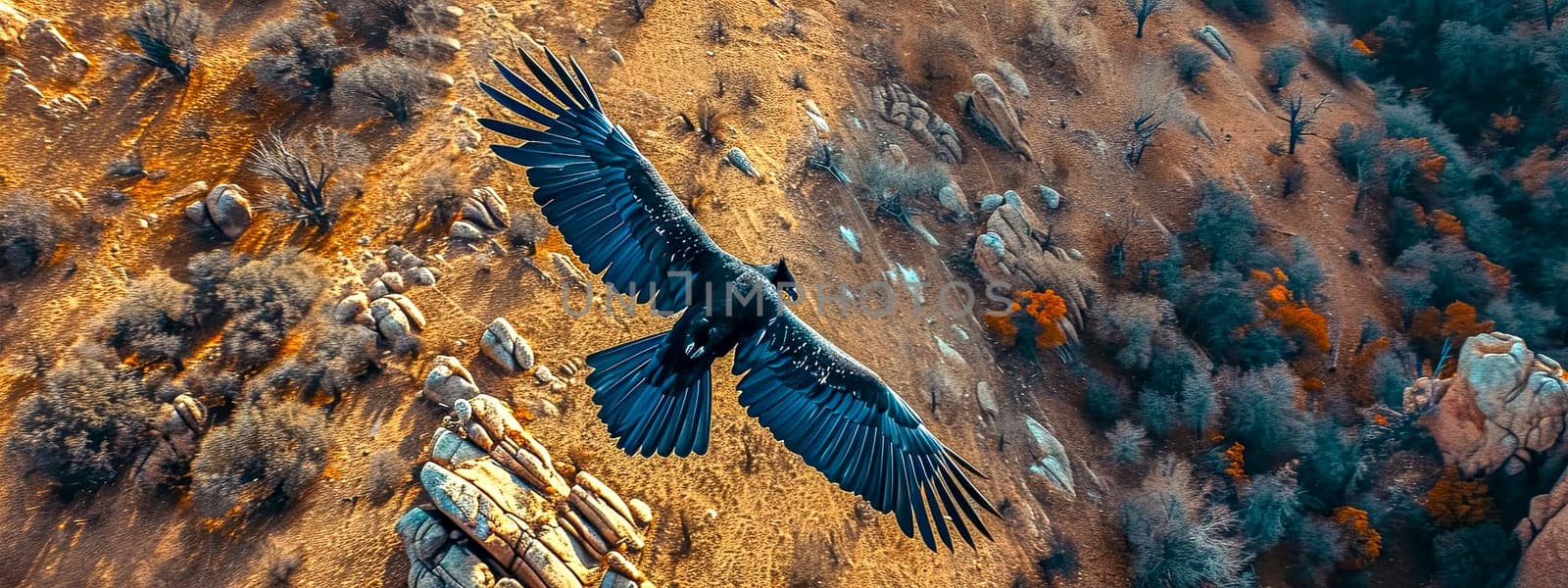 An imposing condor glides over a rugged landscape, captured from above in a breathtaking aerial shot that highlights the grace and majesty of this powerful bird in its natural habitat. by Edophoto