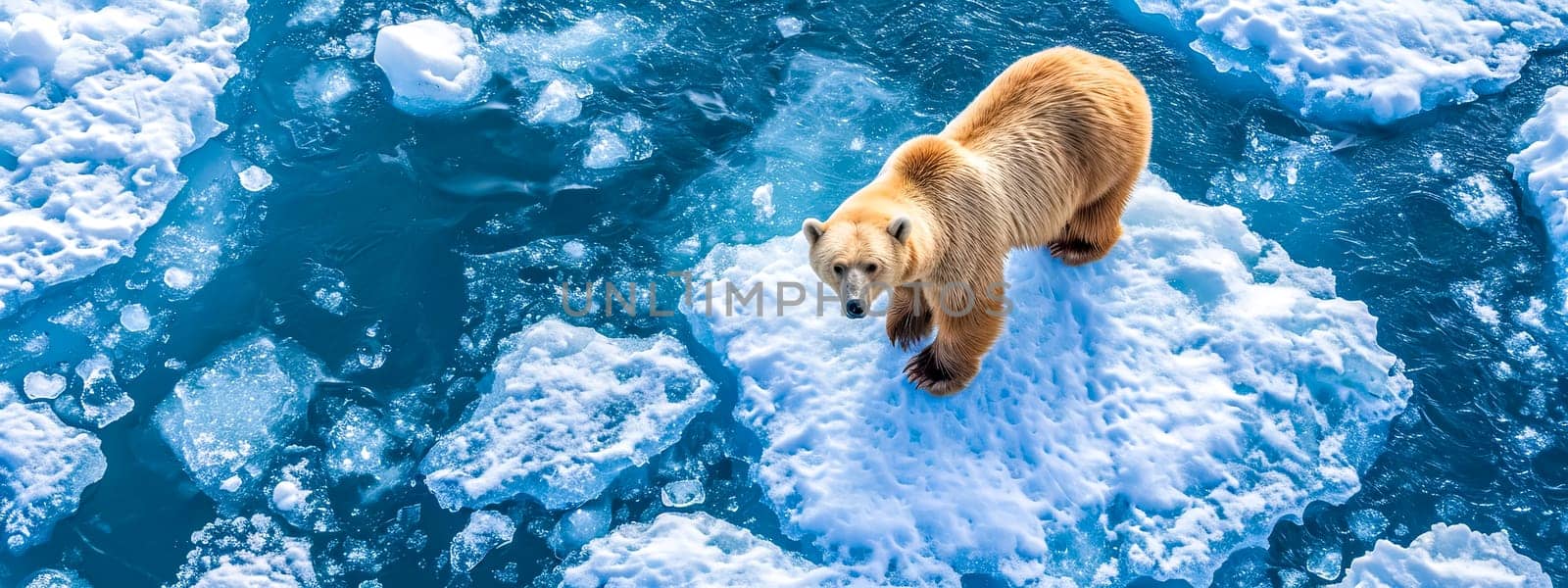 An aerial perspective showcases a lone bear navigating the icy terrain of a glacier, highlighting the stark beauty and isolation of the Arctic environment