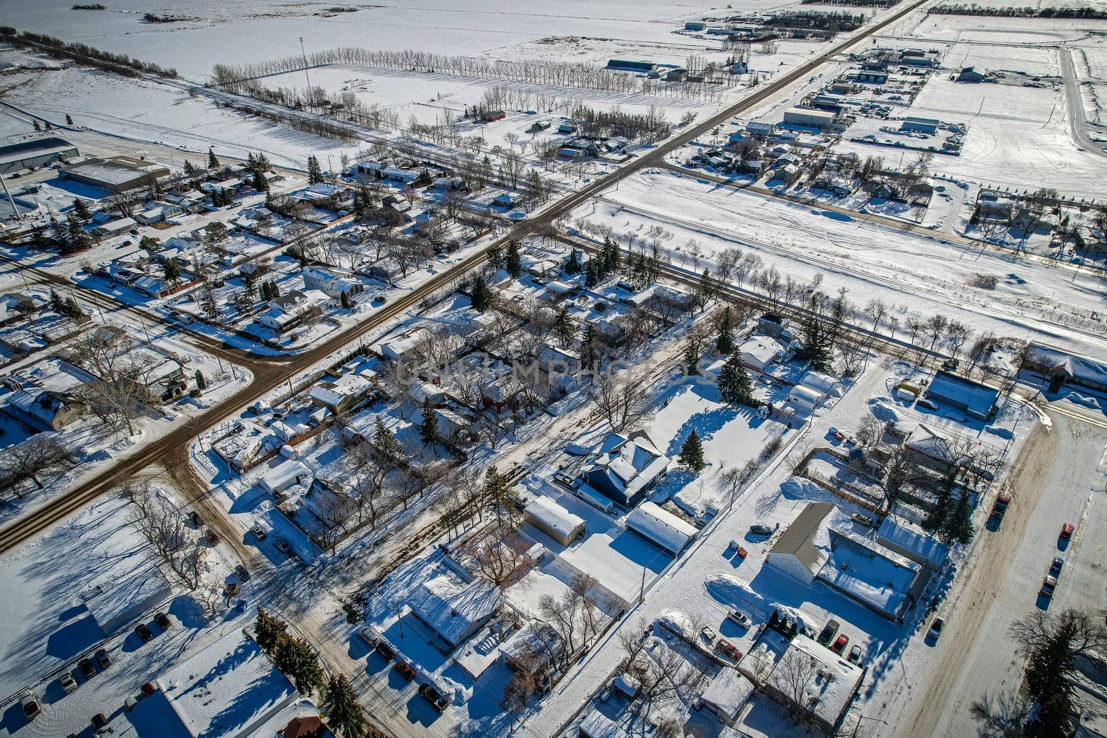 Drone image capturing the town of Dalmeny in Saskatchewan, showcasing its charming suburban setting and community atmosphere.