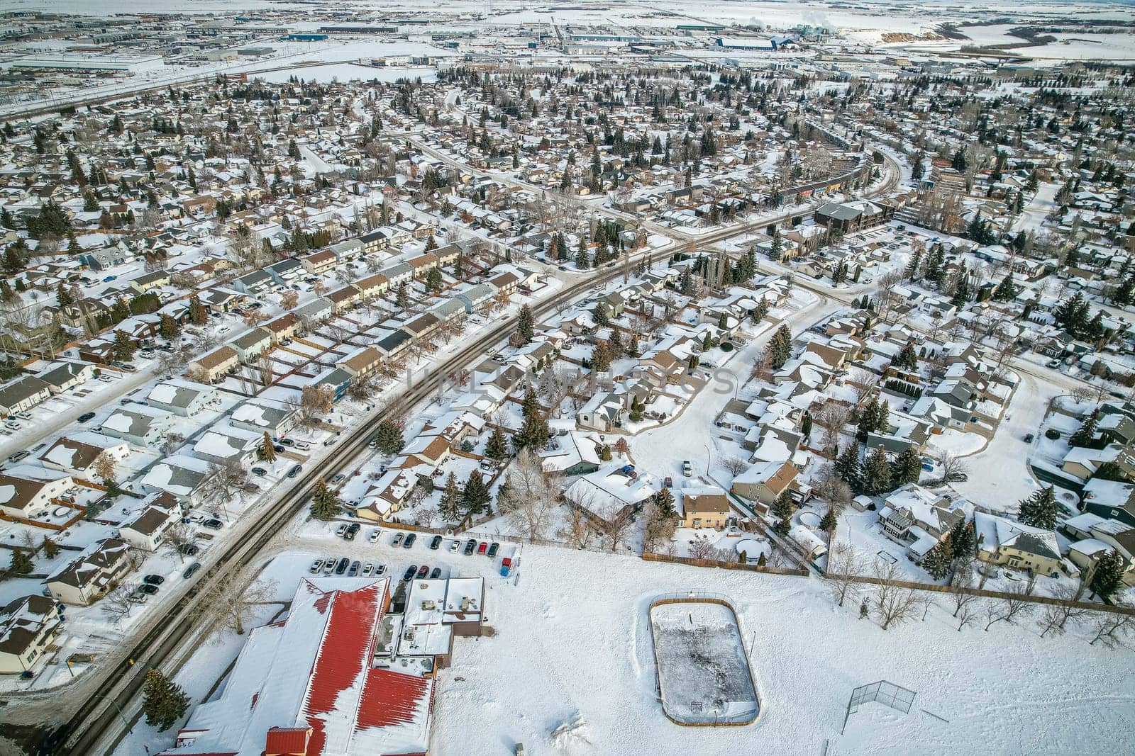Aerial snapshot of Silverwood Heights, Saskatoon, revealing its residential allure and lush surroundings.