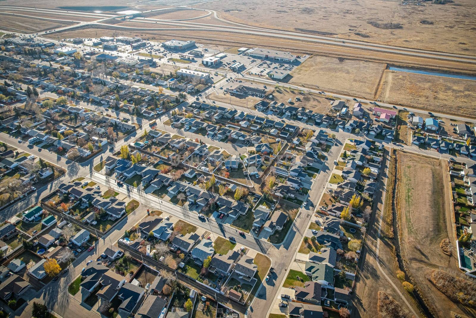 Drone image capturing the town of Martensville in Saskatchewan, highlighting its suburban and residential areas