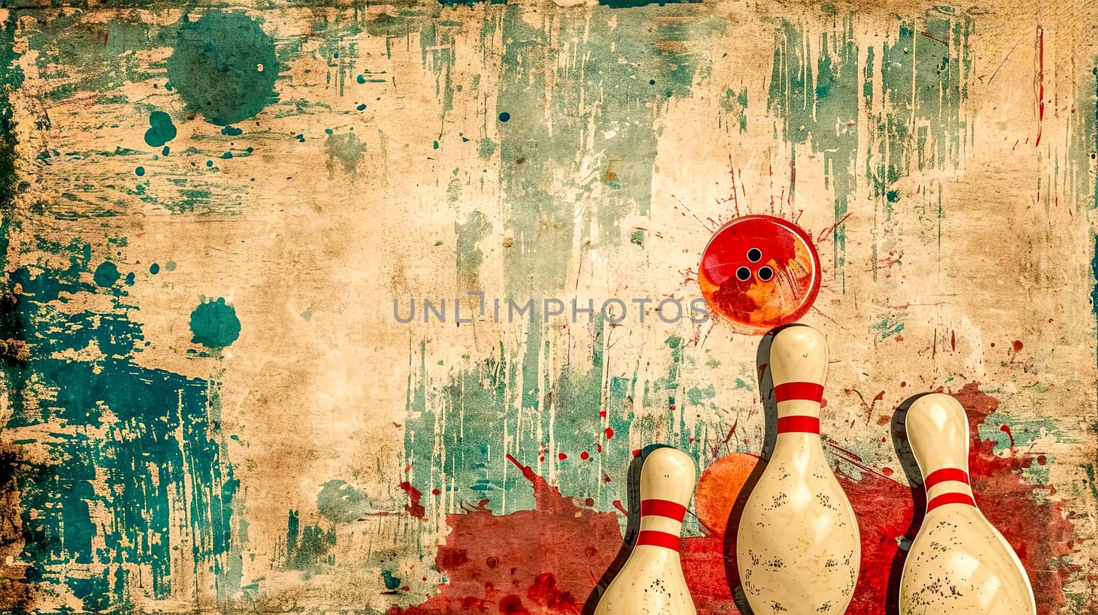 Artistic representation of a red bowling ball and white pins with red stripes on a vintage, paint-splattered background with a blend of beige, green, and red hues. by Edophoto