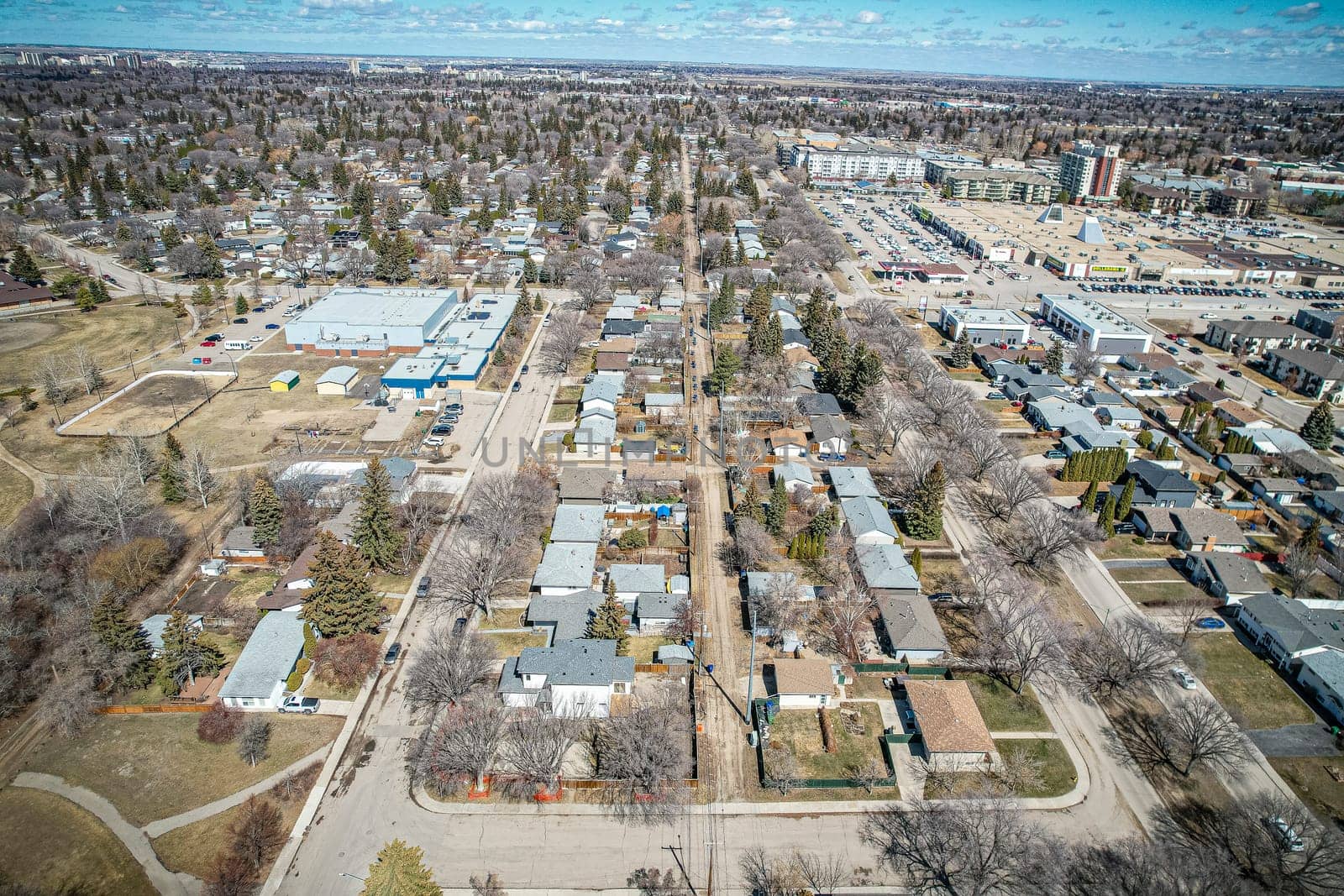 Drone image of Nutana Park, Saskatoon, highlighting its serene residential areas and lush green spaces.