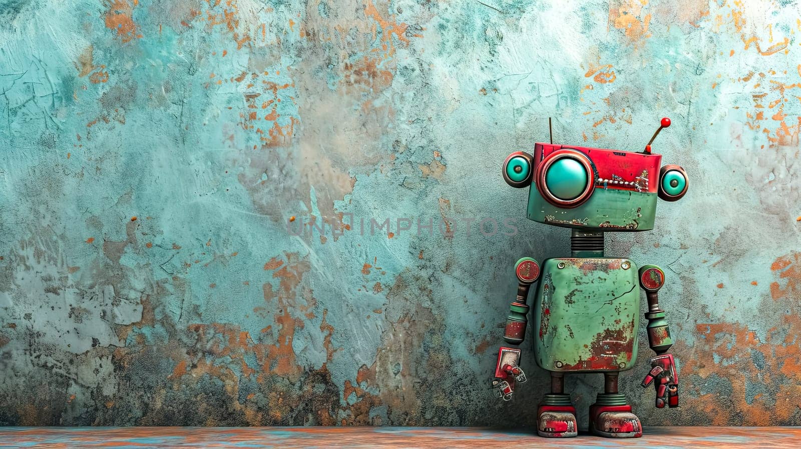 vintage robot with a green body and red details, standing in front of a textured turquoise and rust-colored wall. copy space