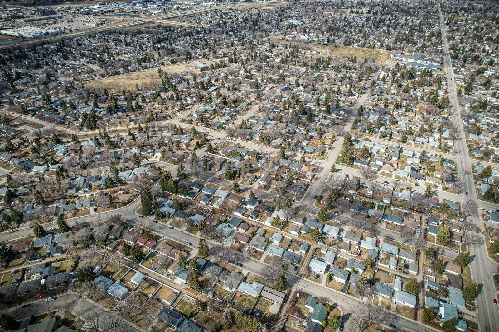 Drone image of Nutana Park, Saskatoon, highlighting its serene residential areas and lush green spaces.