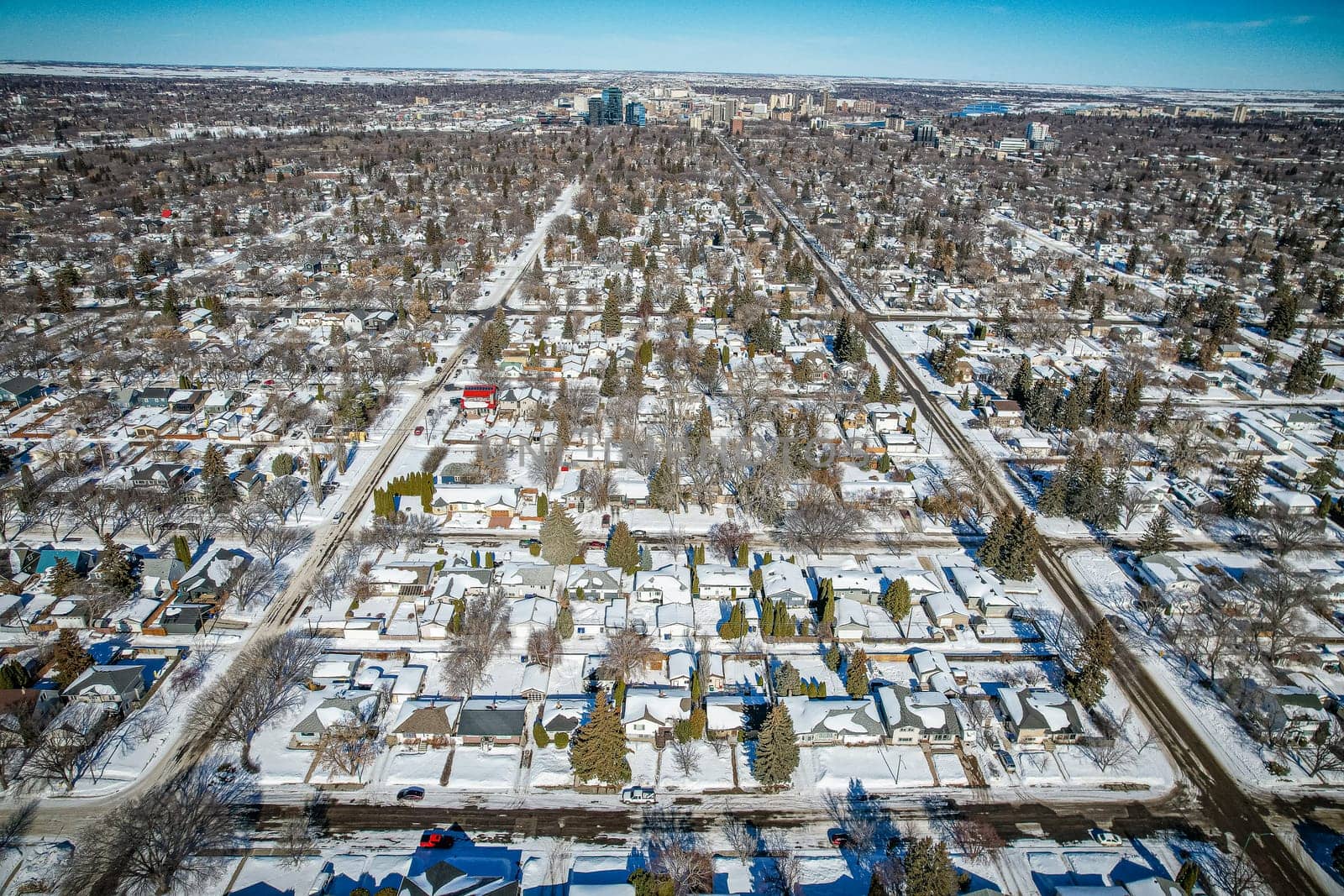 Drone image showcasing the charm of Queen Elizabeth, Saskatoon, with its residential areas, greenery, and community spaces