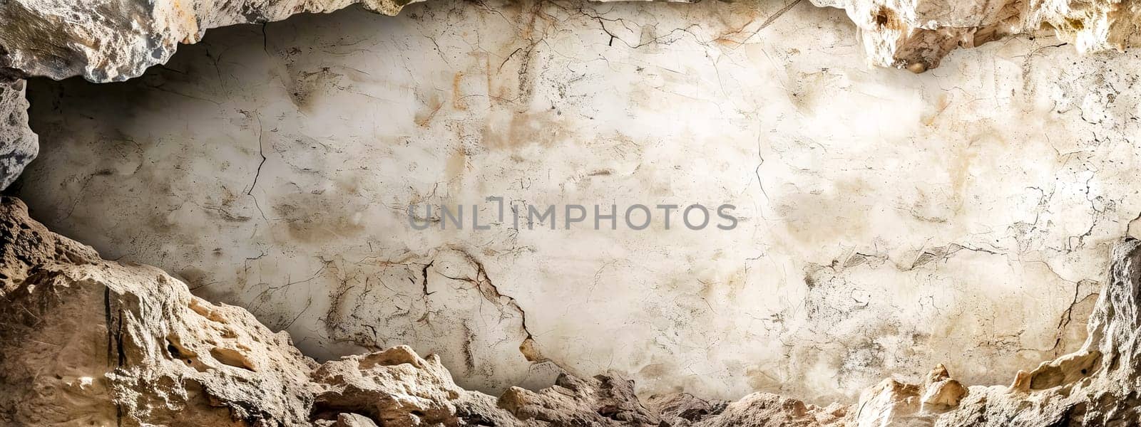 A panoramic view of a spacious cave interior with a rough, textured wall showcasing natural earth tones and subtle stone formations copy space