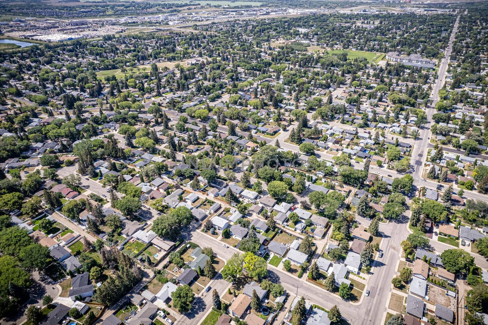 Drone image of Nutana Park, Saskatoon, highlighting its serene residential areas and lush green spaces.