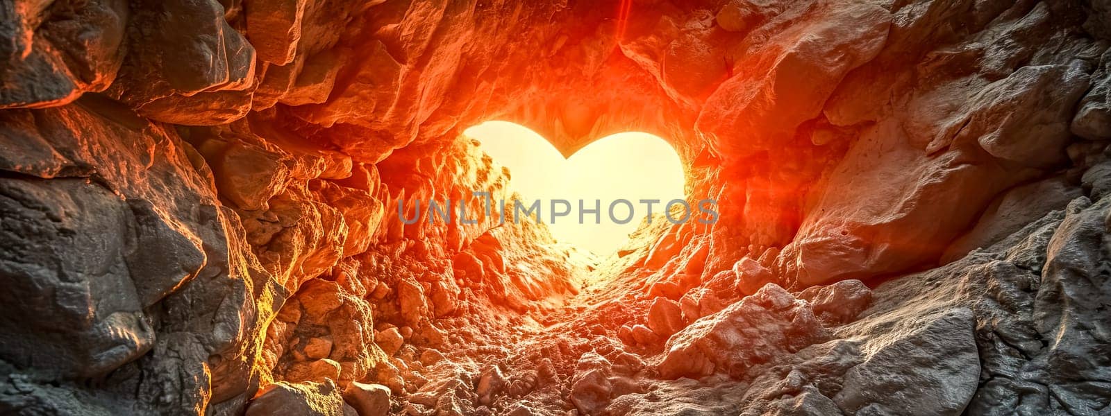 A captivating cave opening in the shape of a heart, illuminated by warm sunlight, creating a romantic natural frame within the rocky textures