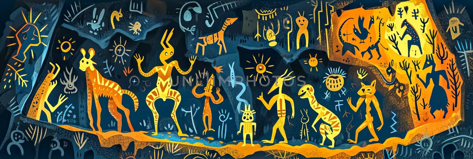 mural of cave art depicting various abstract and mythical creatures, human figures, and symbols in a vibrant array of orange, yellow, and blue hues. by Edophoto