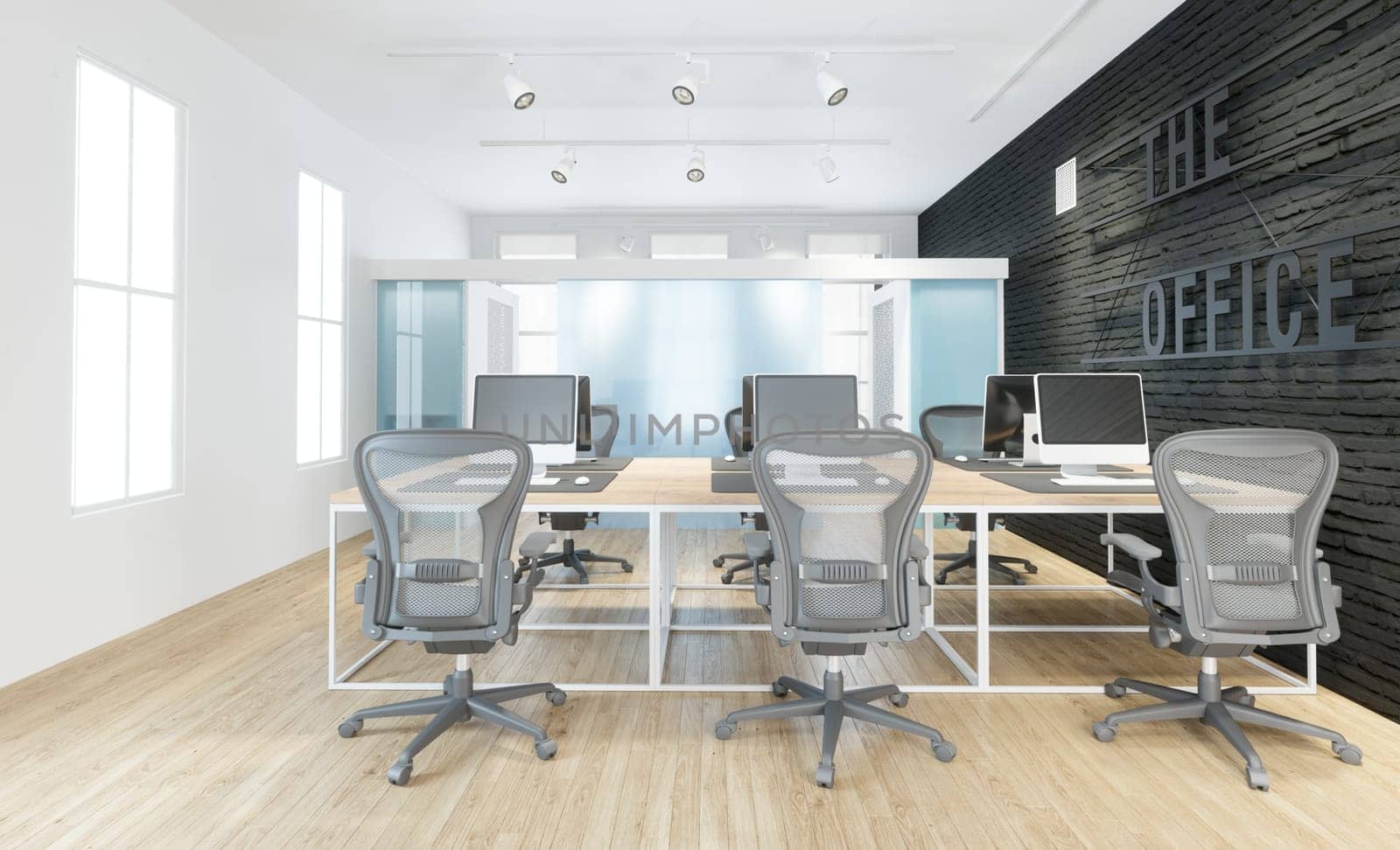 3D Illustration of a modern office interior design. Workplace