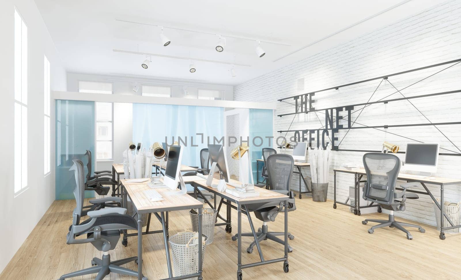 Modern office interior with white walls, wooden floor, rows of computer tables and chairs. 3d rendering mock up