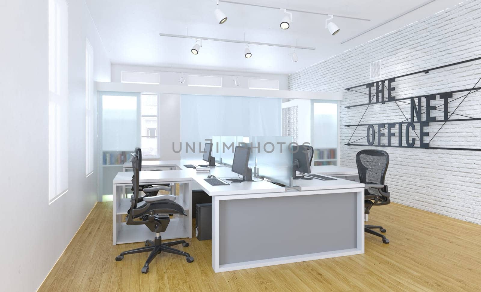 Modern office interior with white walls, wooden floor, rows of computer tables and chairs. 3d rendering mock up