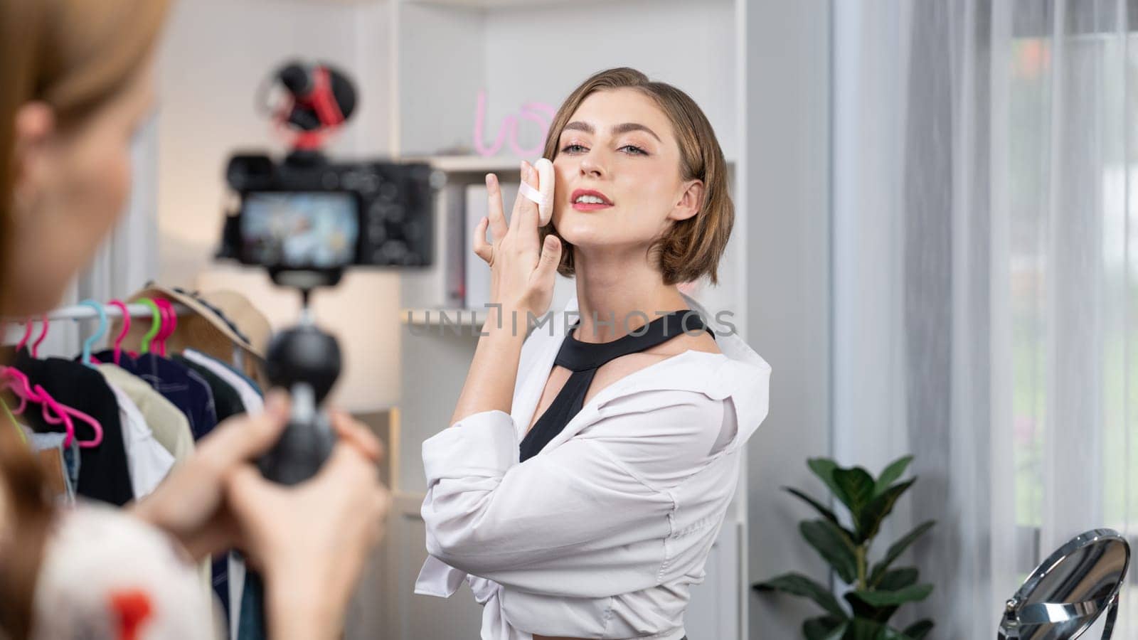 Woman influencer shoot live streaming vlog video review makeup utmost social by biancoblue