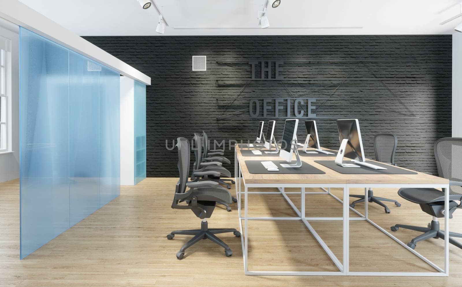 3D Illustration of a modern office interior design. Workplace