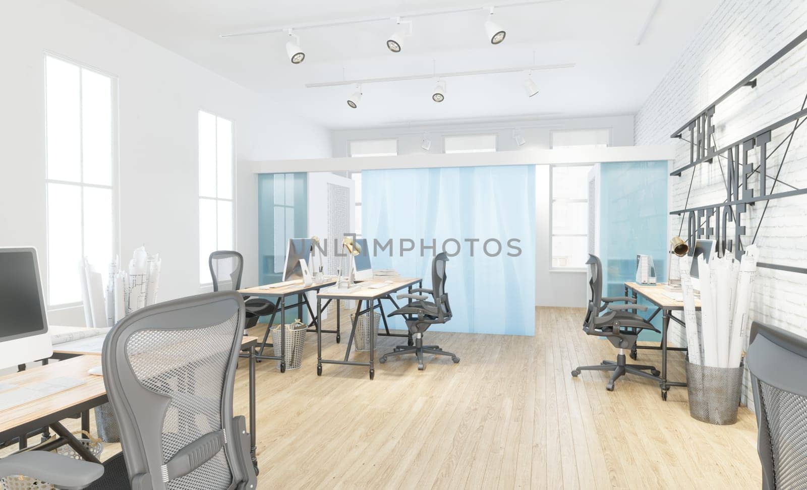 Modern office interior with white walls, wooden floor, rows of computer tables and chairs. 3d rendering mock up