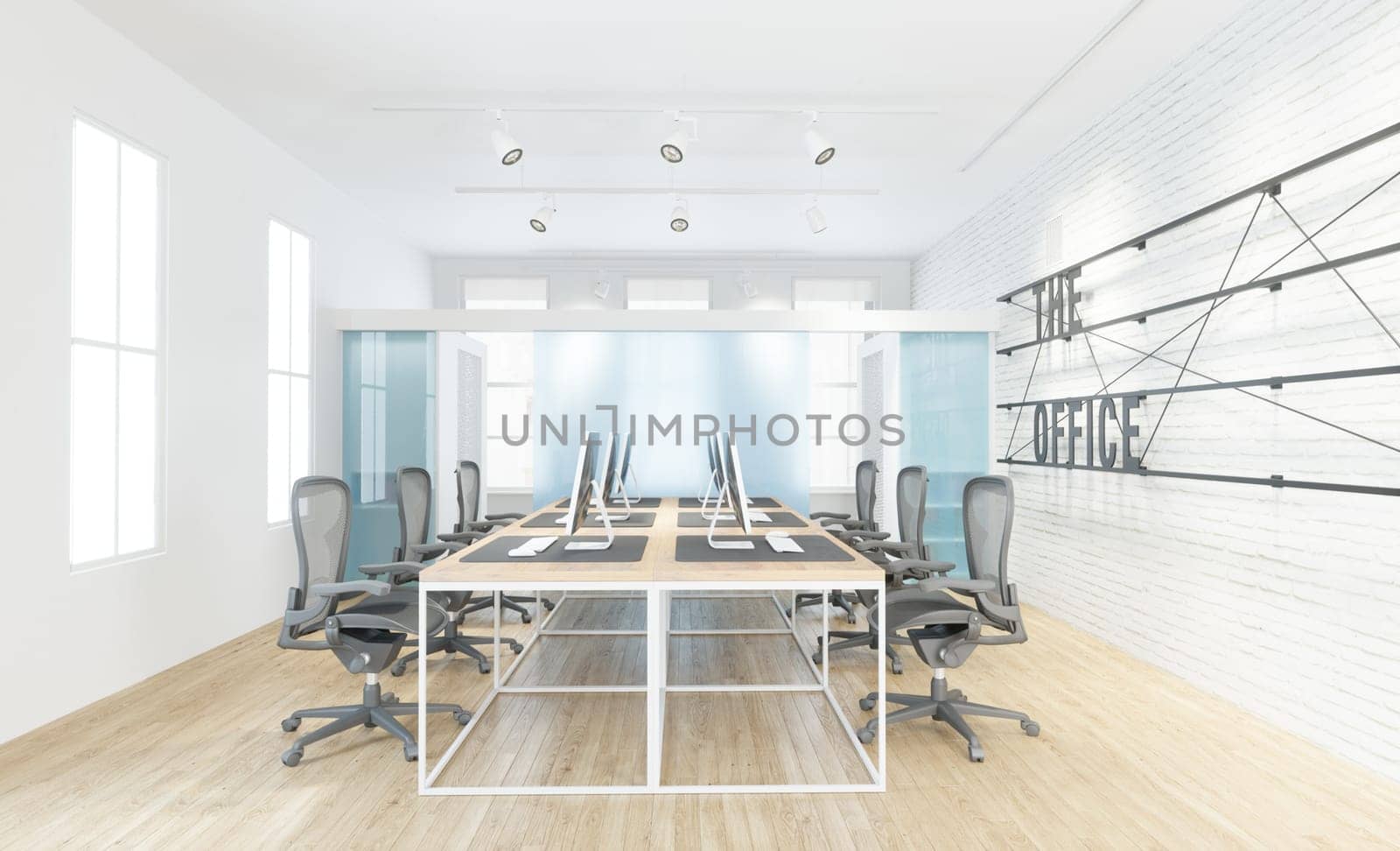 Modern office interior with white walls, wooden floor, rows of computer tables and chairs. 3d rendering mock up