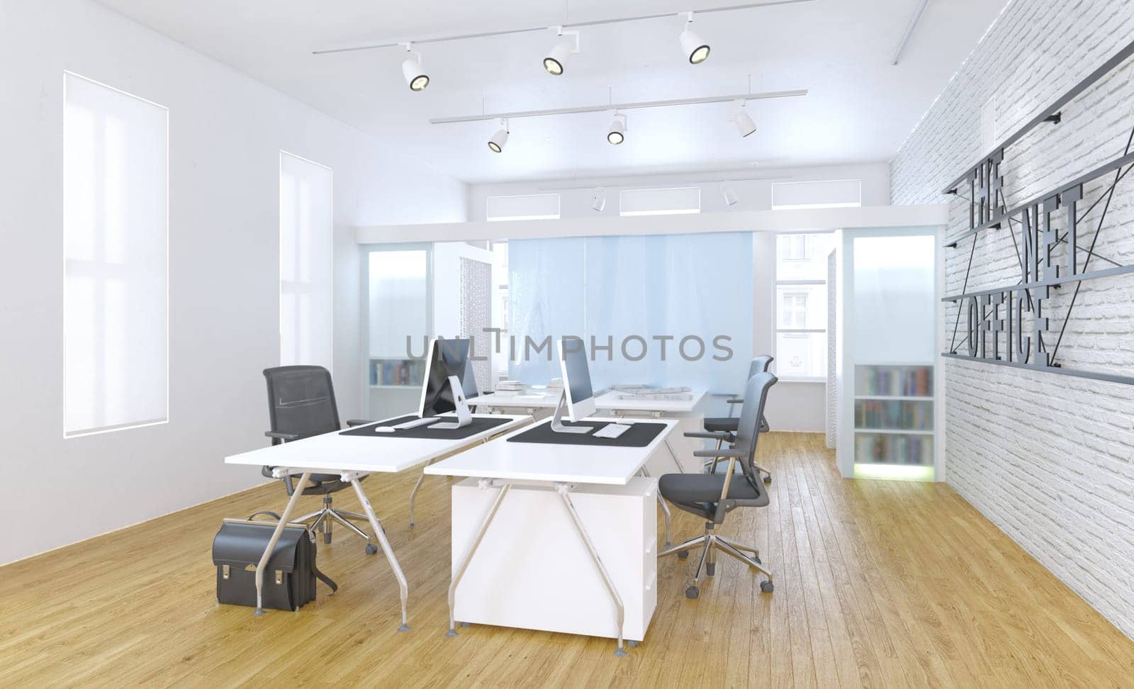 Modern office interior with white walls, wooden floor, rows of computer tables and chairs. 3d rendering mock up