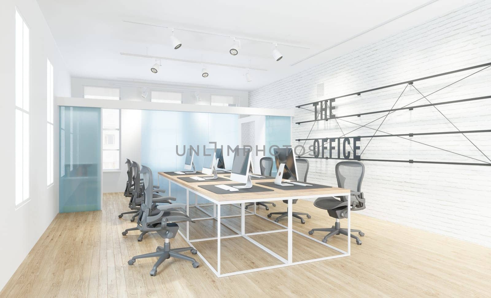 Modern office interior with white walls, wooden floor, rows of computer tables and chairs. 3d rendering mock up