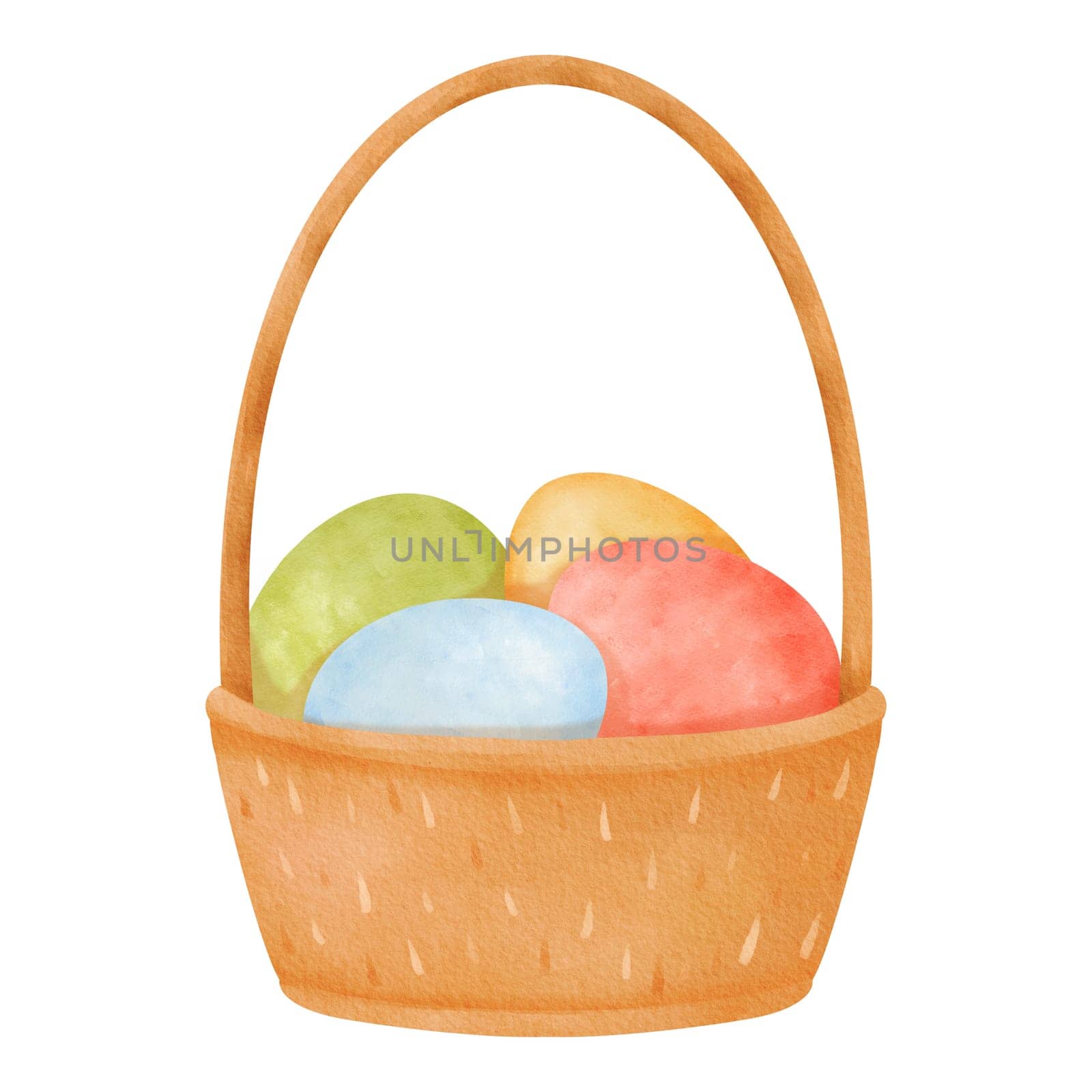 Cartoon-style wooden basket with a tall handle. Woven crate filled with colorful Easter eggs. Dyed chicken eggs symbolizing spring. Eco-friendly product. Watercolor isolated illustration.
