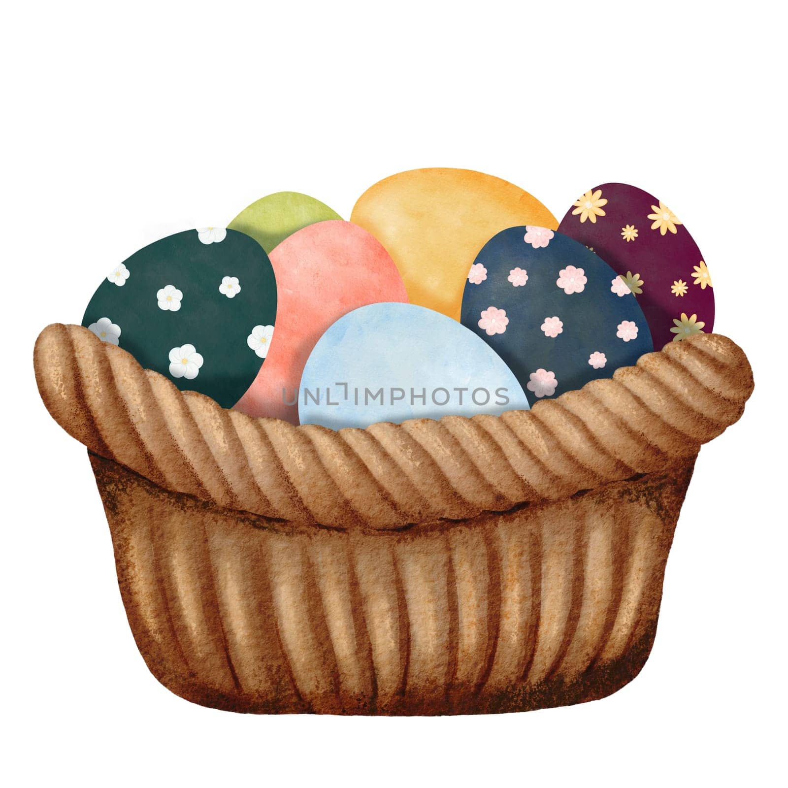 Woven basket filled with colorful Easter eggs. Eggs of various hues adorned with floral decorations. Watercolor illustration capturing the festive spirit, ideal for conveying the joy of Easter.