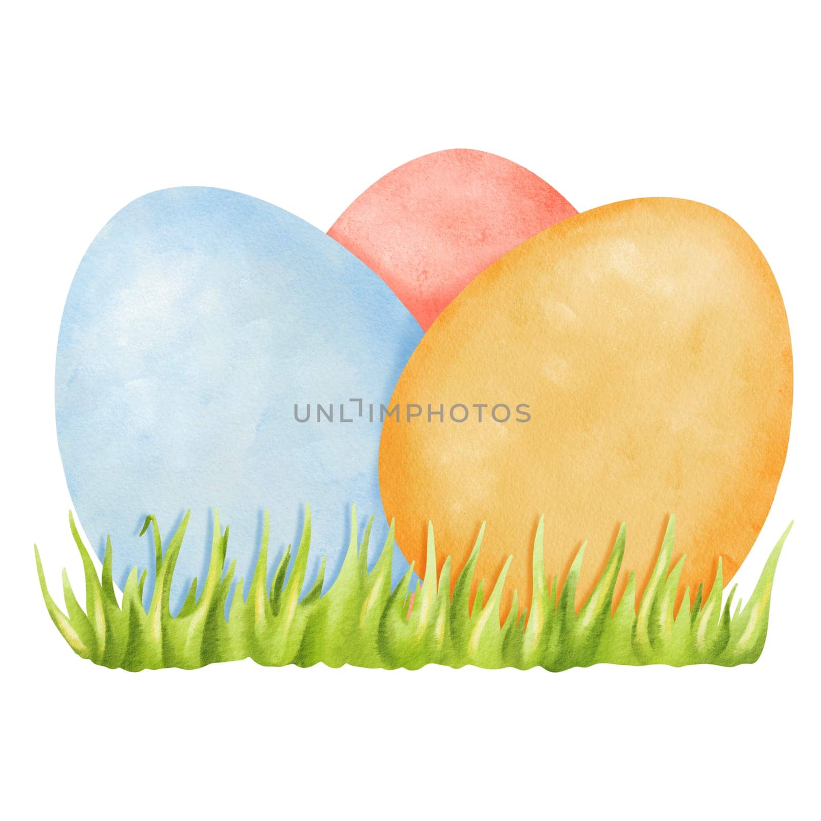 Easter composition featuring dyed colorful eggs on fresh green grass. Watercolor illustration with a childlike charm, for playful and festive designs, for children's illustrations, cards, and prints.