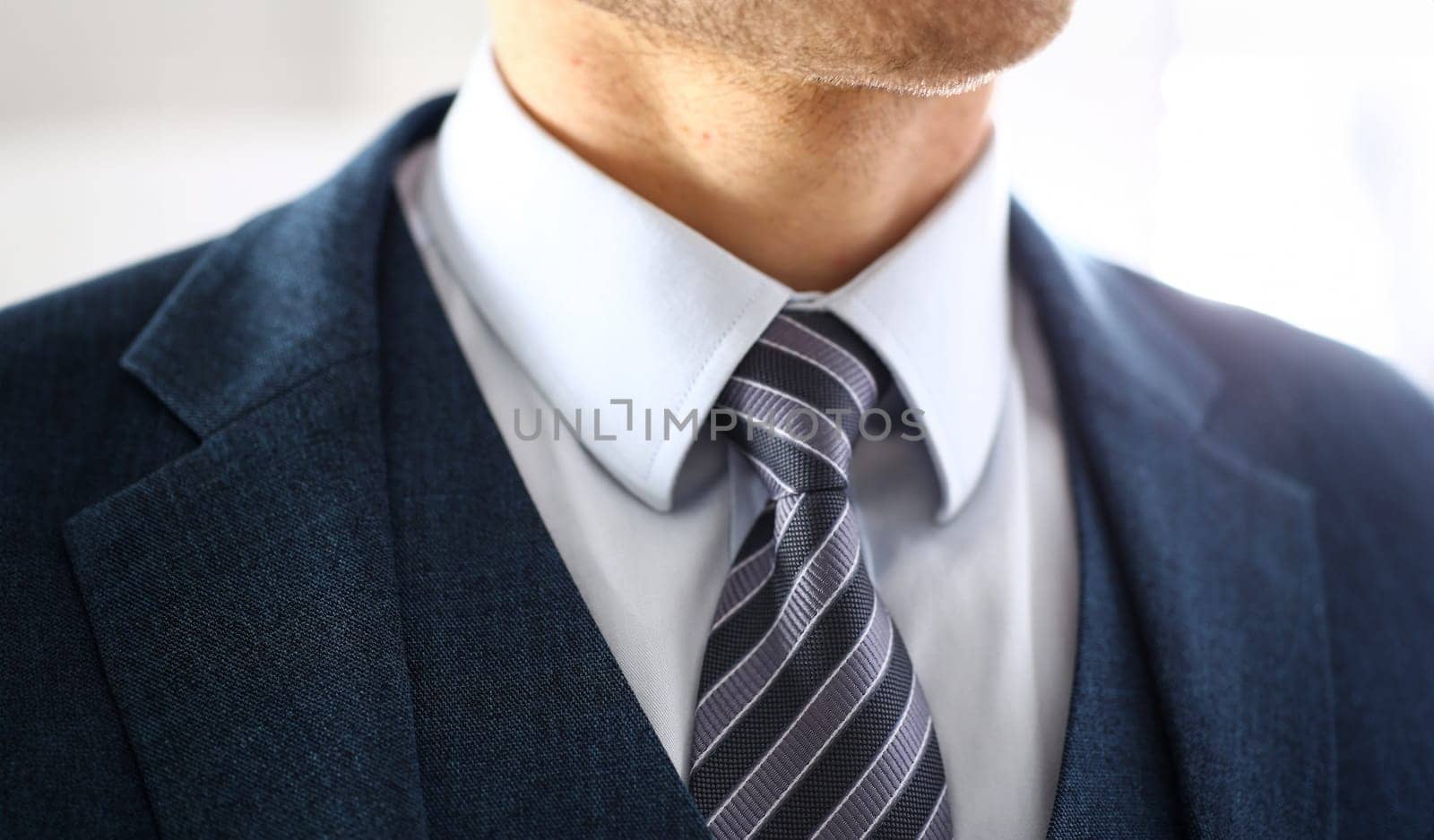 Male arm in blue suit set tie closeup. White collar management job serious move secretary student luxury formal interview executive agent marriage store corporate elegance employment preparation