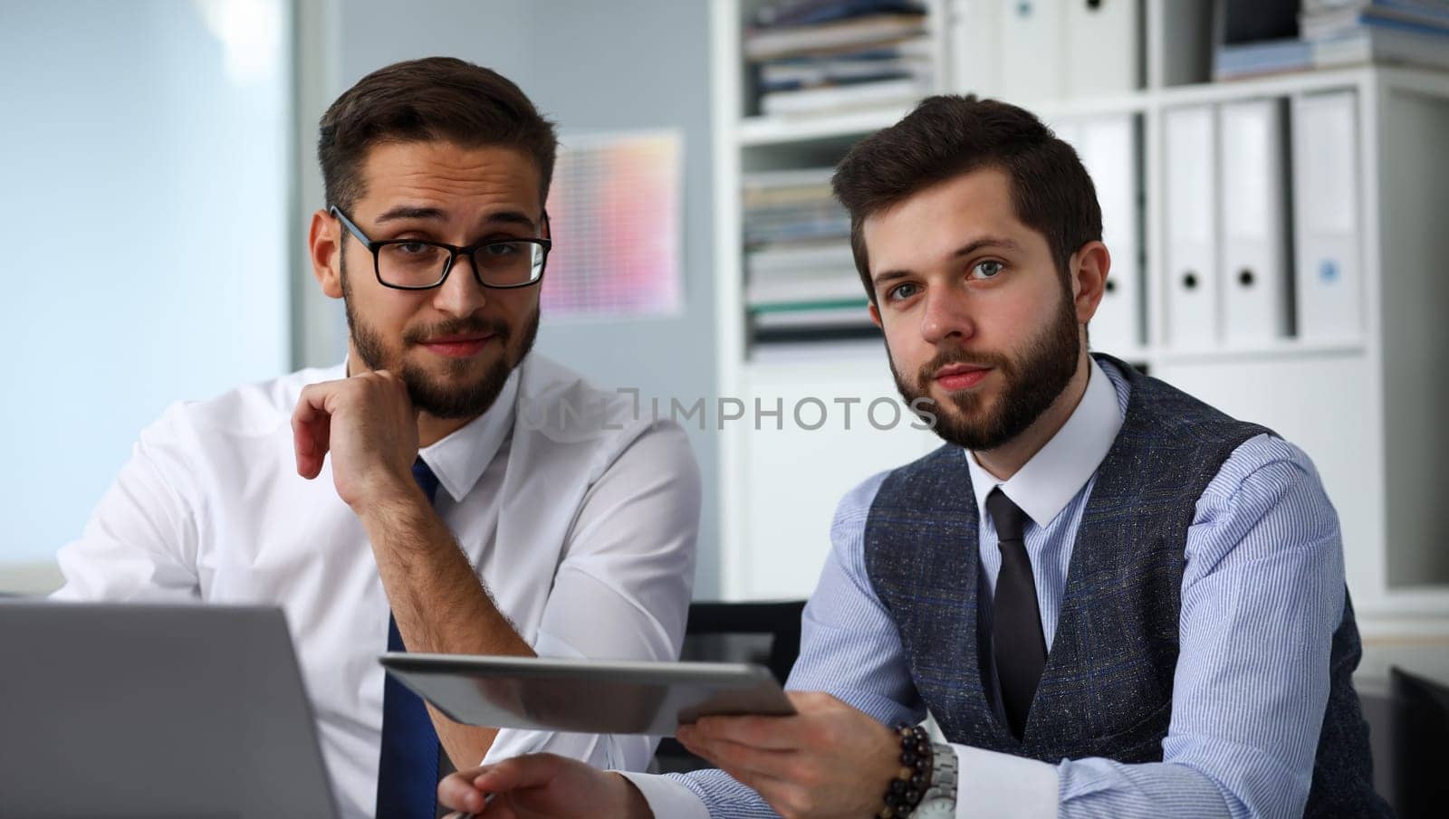 Group of people in office use mobile tablet pc portrait. Funny video white collar colleague sharing job plan at workplace busy lifestyle corporate style new worker interview web search chat concept