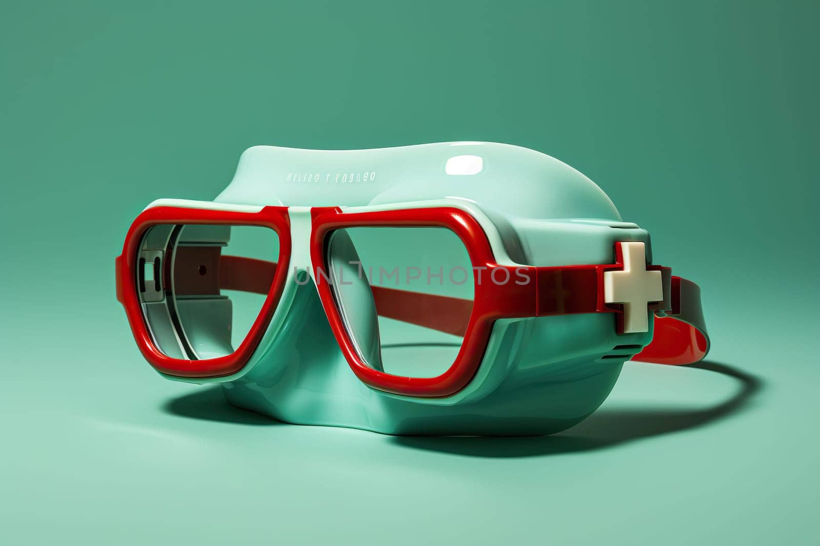 Turquoise safety glasses on a turquoise background with space for text. Generated by artificial intelligence by Vovmar