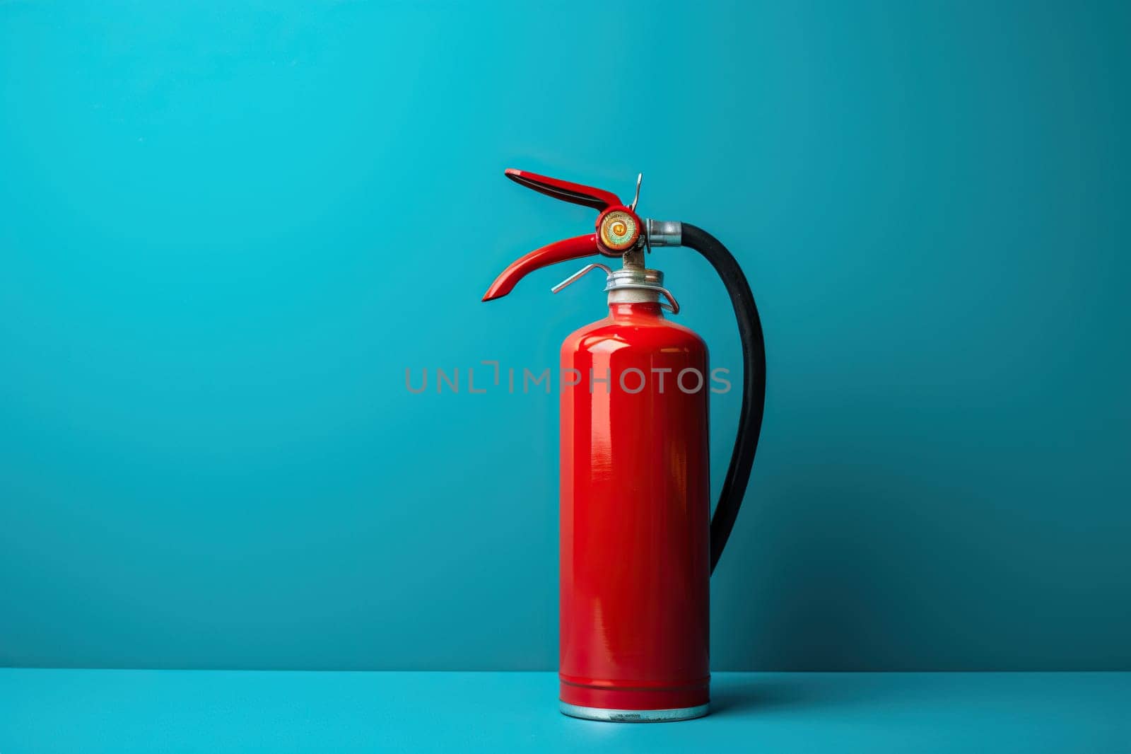 A red fire extinguisher stands on a blue background, space for text.