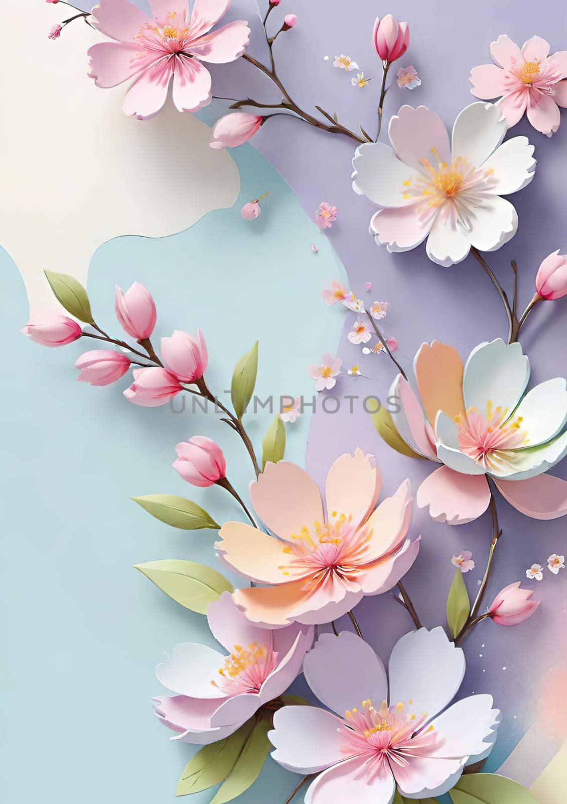 Cherry blossom frame on pastel background with space for text. Sakura.Paper art of Cherry blossom with frame on pastel background.Paper cut style.Spring background with sakura flowers and leaves. Vector paper illustration.3d rendering.Spring flowers frame with copy space for your text. Pastel colors.Minimal style.İnvitation and celebrations.