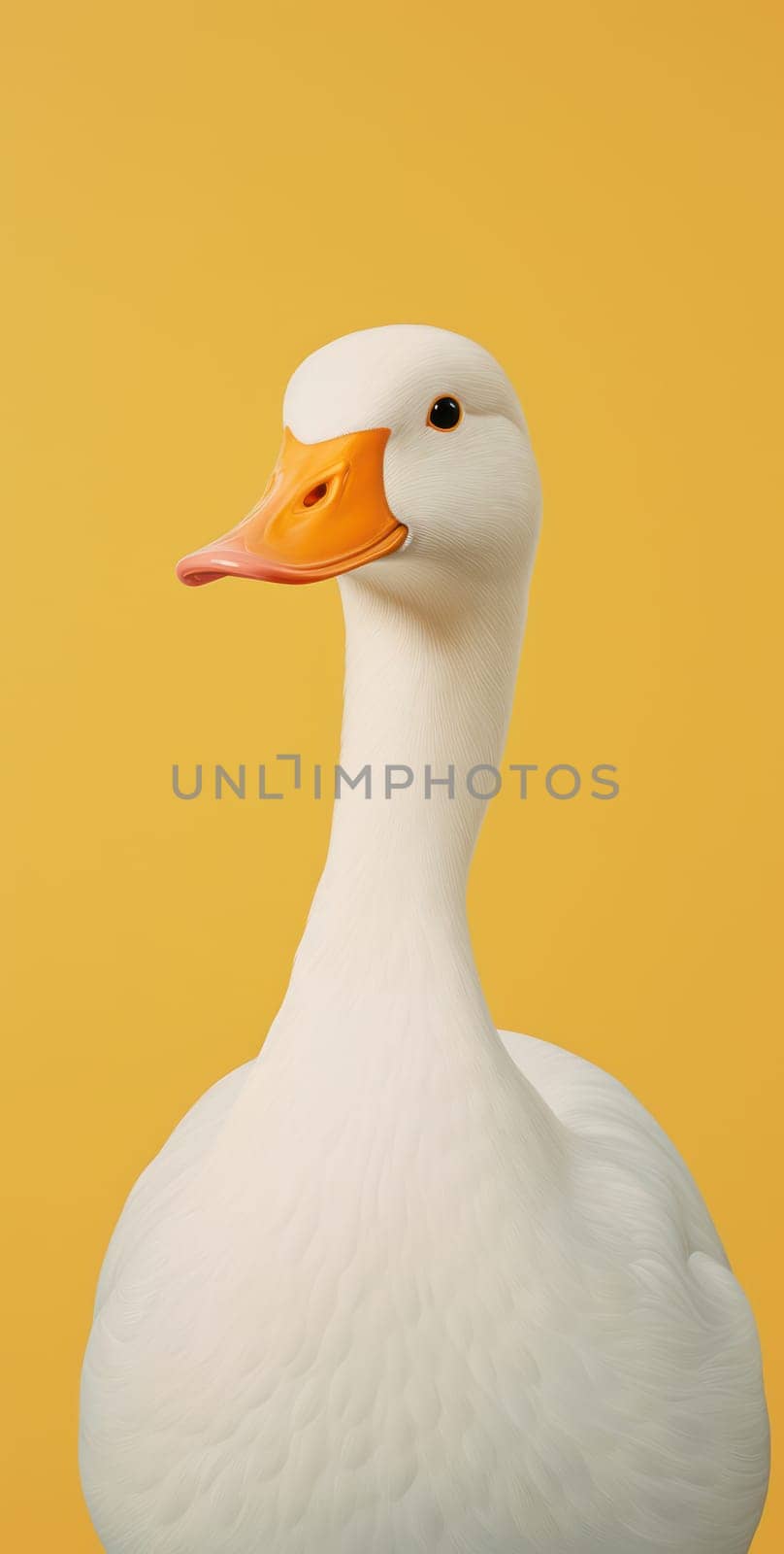 Graceful Bird: A Beautiful Isolated White Goose with Fluffy Feathers, Playfully Standing on Green Grass near Water, Gazing Curiously with Cute Orange Beak and Bright Yellow Eyes. by Vichizh