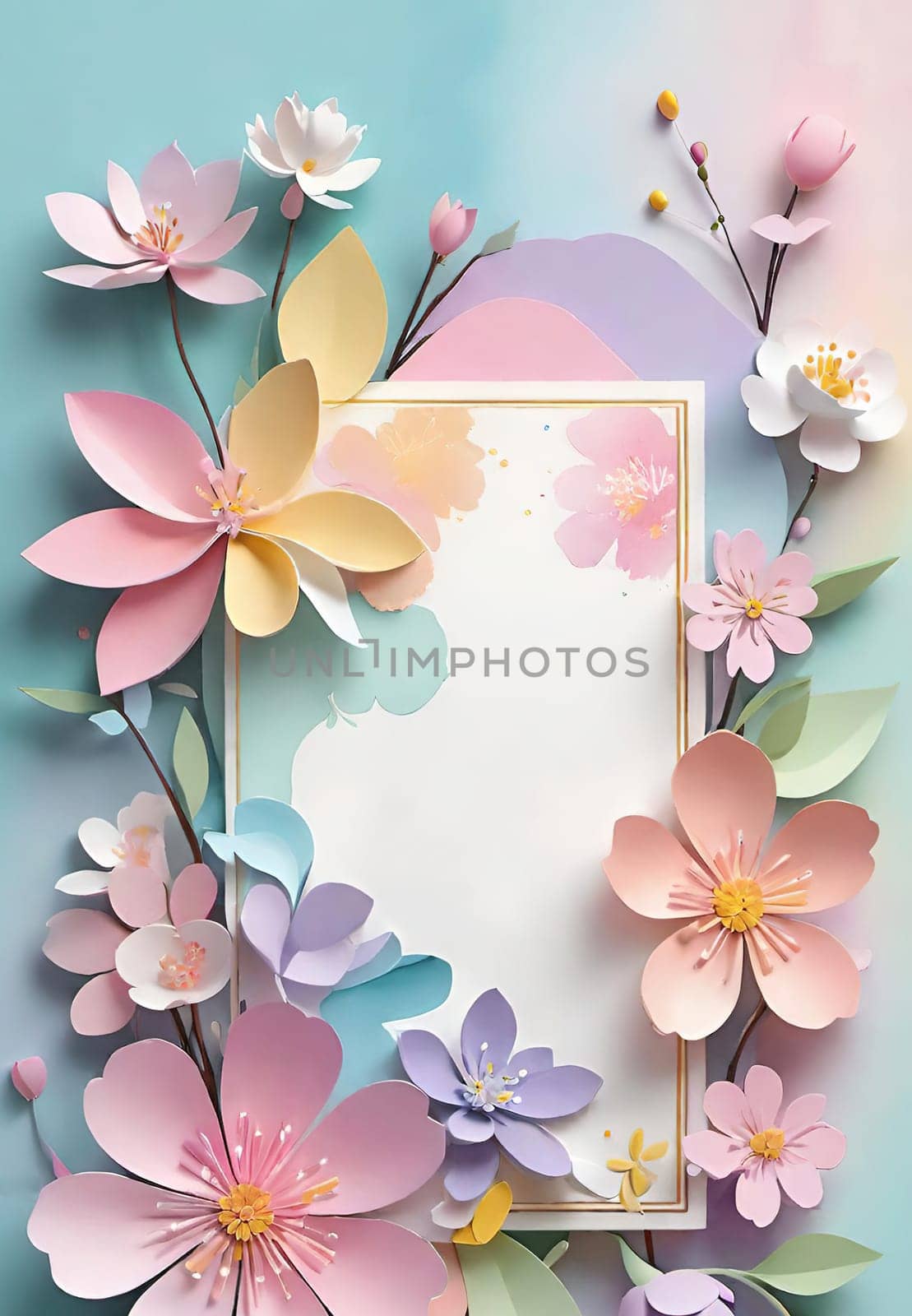 Cherry blossom frame on pastel background with space for text. Sakura.Paper art of Cherry blossom with frame on pastel background.Paper cut style.Spring background with sakura flowers and leaves. Vector paper illustration.3d rendering.Spring flowers frame with copy space for your text. Pastel colors.Minimal style.İnvitation and celebrations.