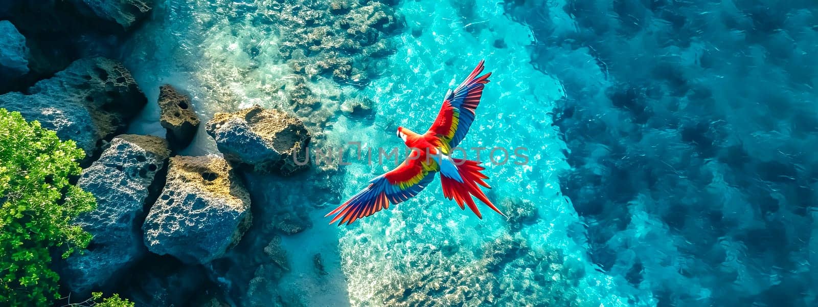 Aerial view of a vividly colored parrot flying over a tropical landscape with crystal clear waters and lush greenery. by Edophoto