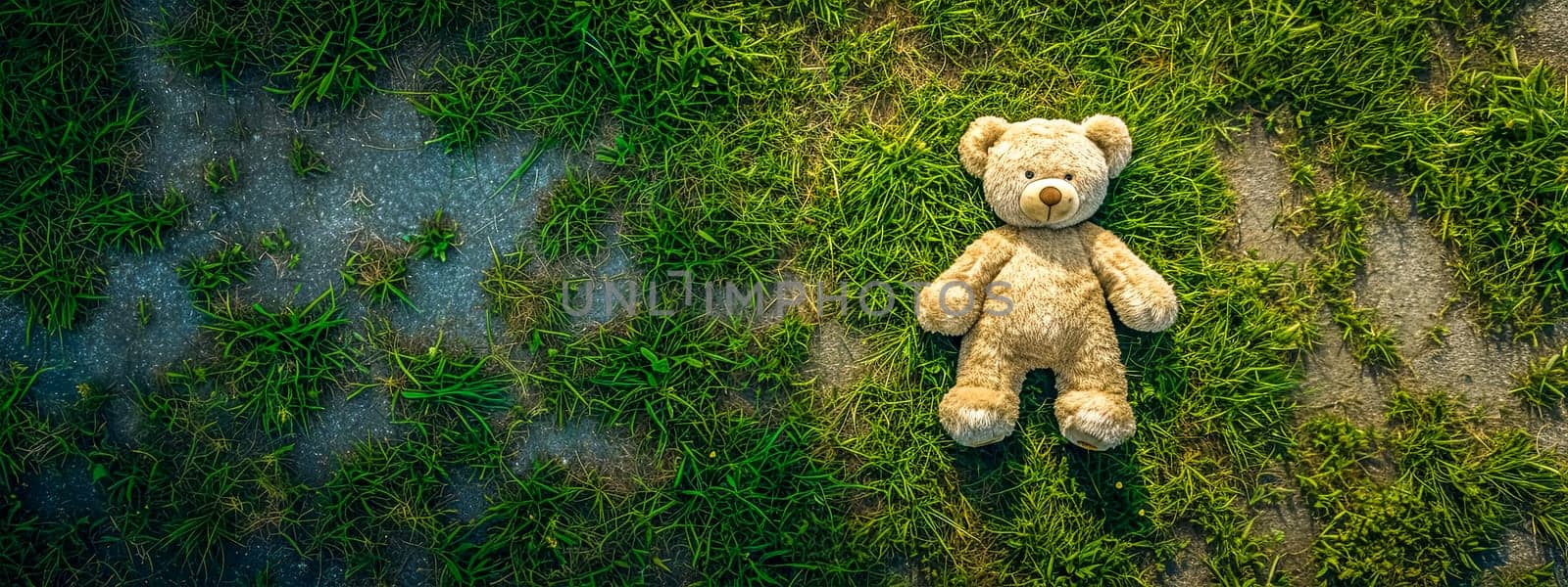 Aerial view of a teddy bear on a grassy path, creating a soft, heartwarming scene. copy space