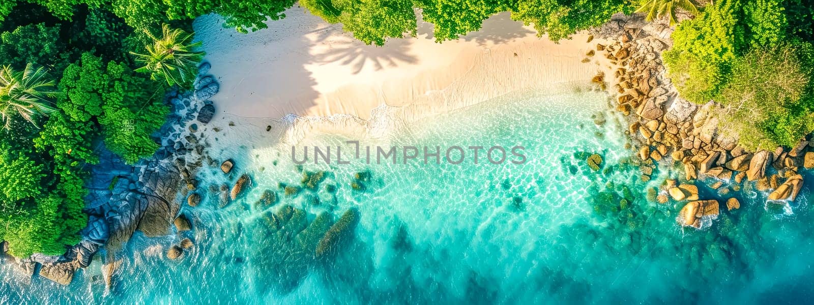 Aerial view of a tropical paradise with clear turquoise waters, white sandy beach, and lush greenery. copy space