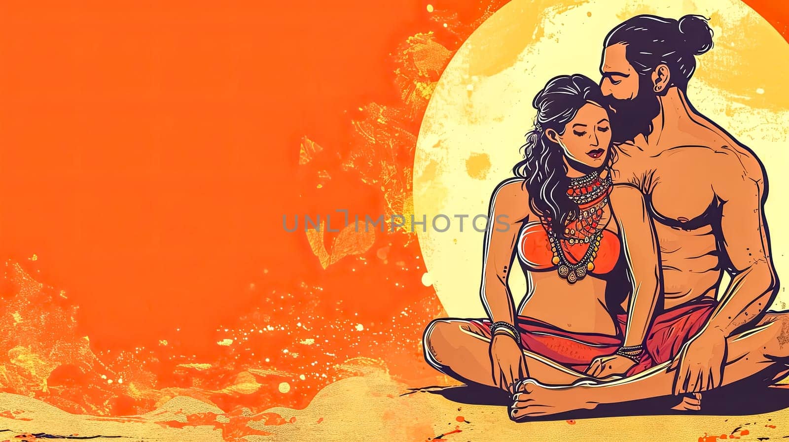 couple in a serene embrace, evoking themes of love and intimacy. The vibrant orange backdrop suggests warmth and passion. copy space