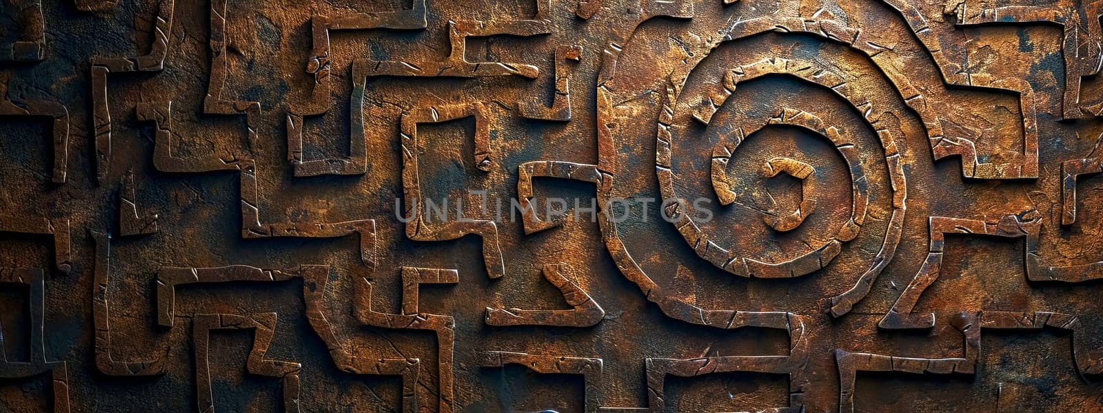 intricate metallic maze design, evoking a sense of complexity and ancient craftsmanship against a dark, textured background. by Edophoto