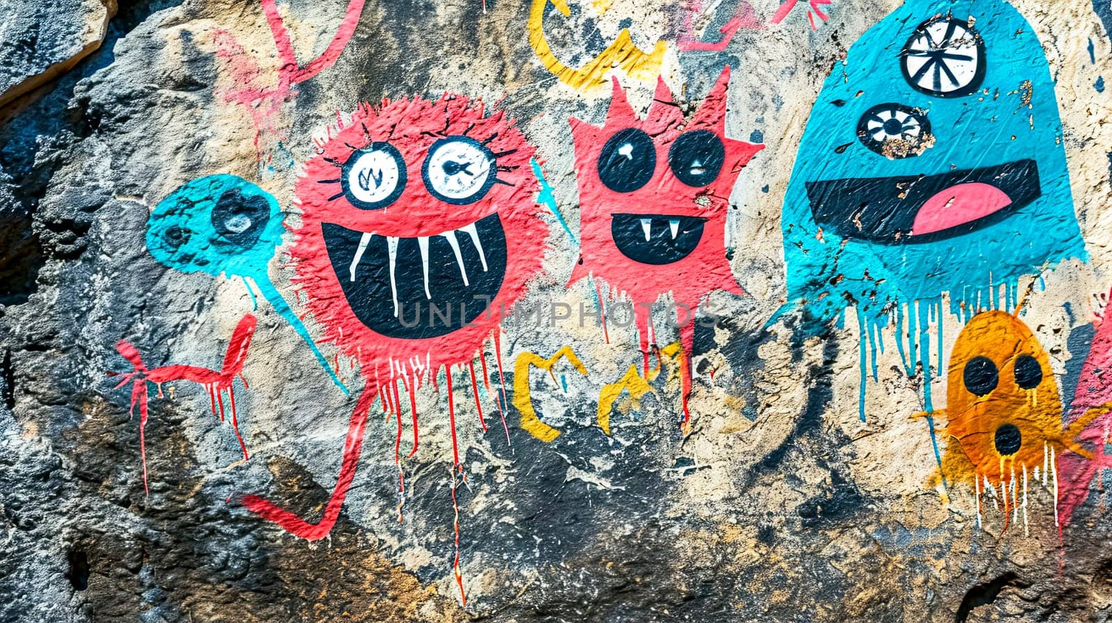 colorful graffiti of whimsical characters painted on a rough, textured stone surface, exuding a playful and creative urban vibe