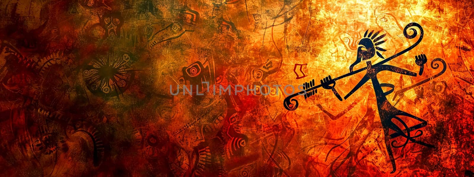 primitive style figures and symbols, reminiscent of ancient cave drawings, with a dominant figure appearing to play a musical instrument, all set against a fiery textured backdrop. copy space