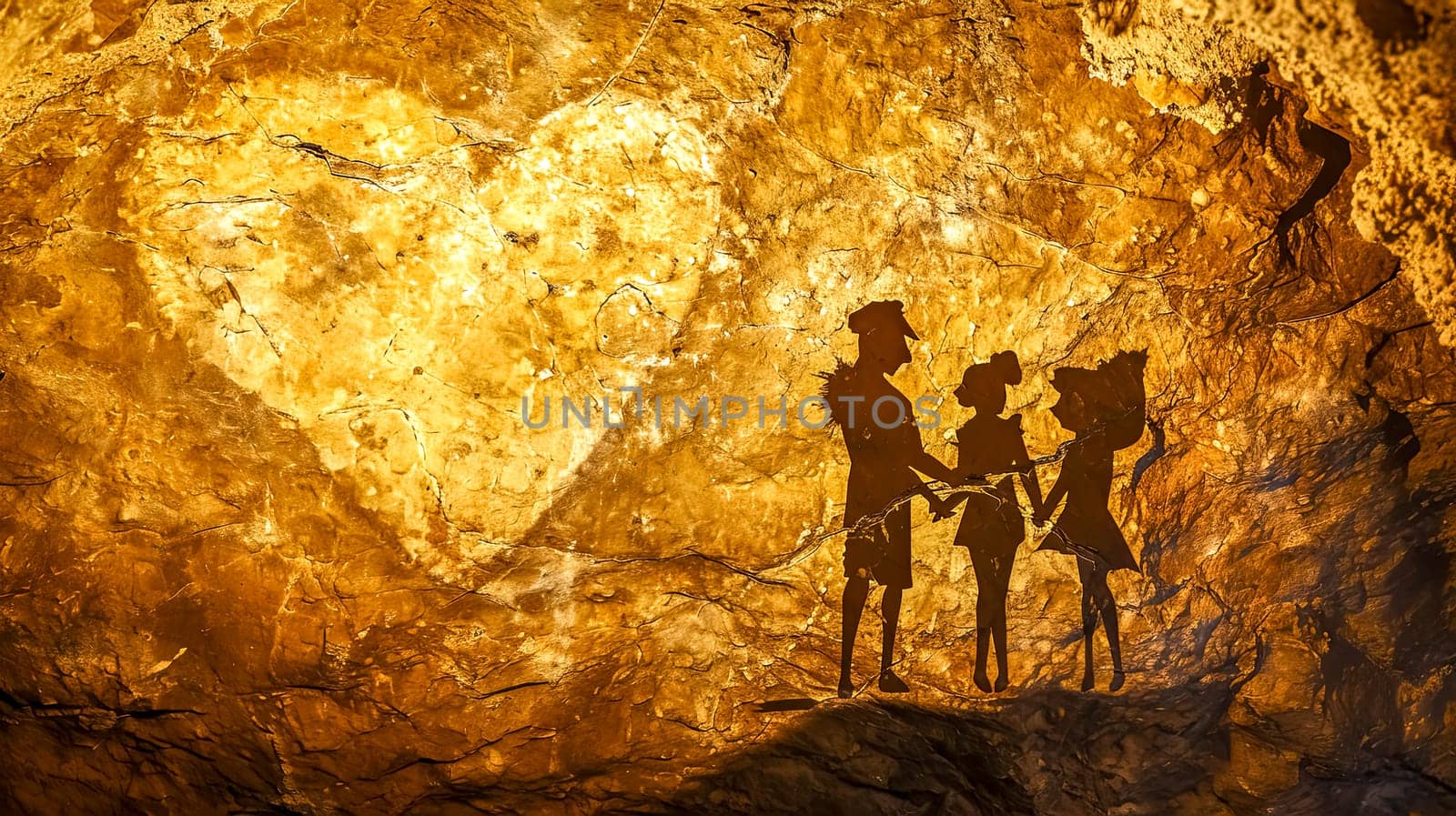 silhouette representation against a golden, textured cave wall, portraying figures in a traditional or ancient setting, possibly depicting a scene from a story or a ritual. by Edophoto