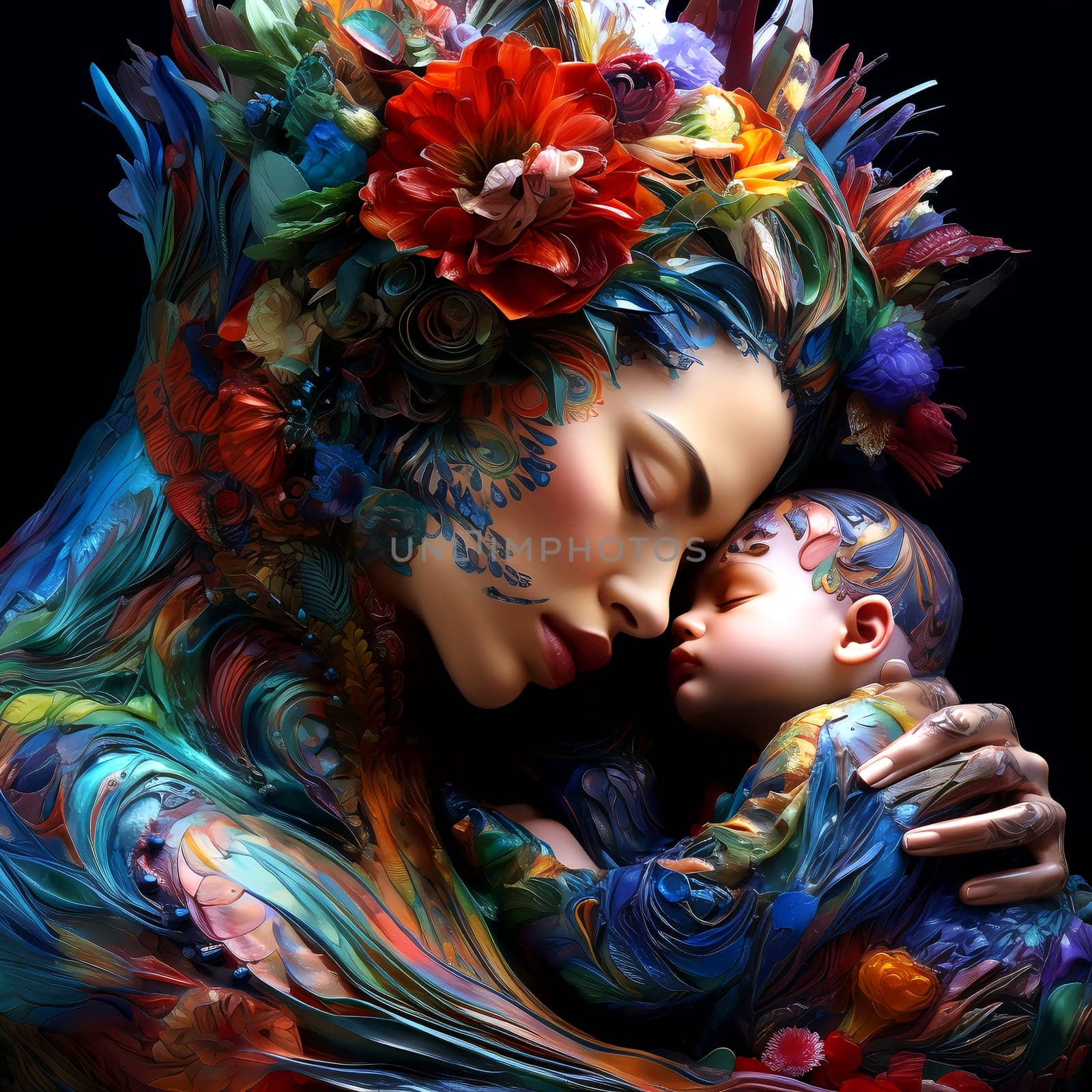 Colorful posters of mother and child. AI Generated by AndreyKENO