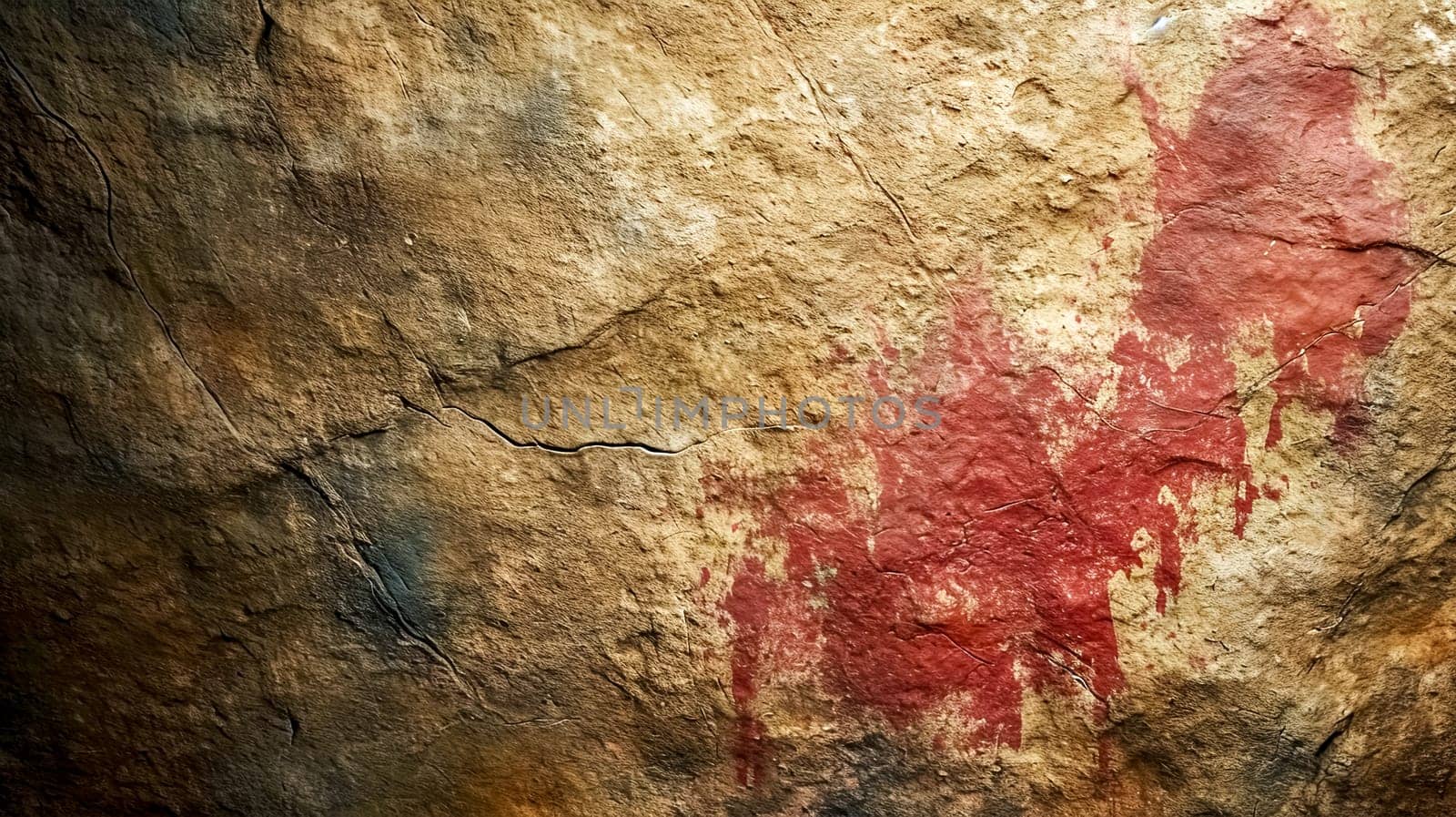 what appears to be an ancient cave painting, featuring a red ochre handprint on a natural stone surface, suggesting a human presence and activity from a bygone era. copy space