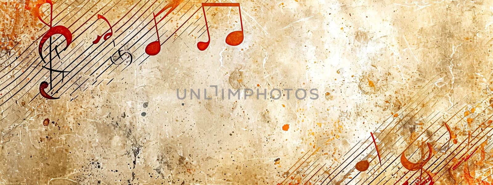 creative fusion of musical notes and staff lines superimposed on an aged, textured background, giving the impression of music frozen in time or an ancient musical manuscript, copy space