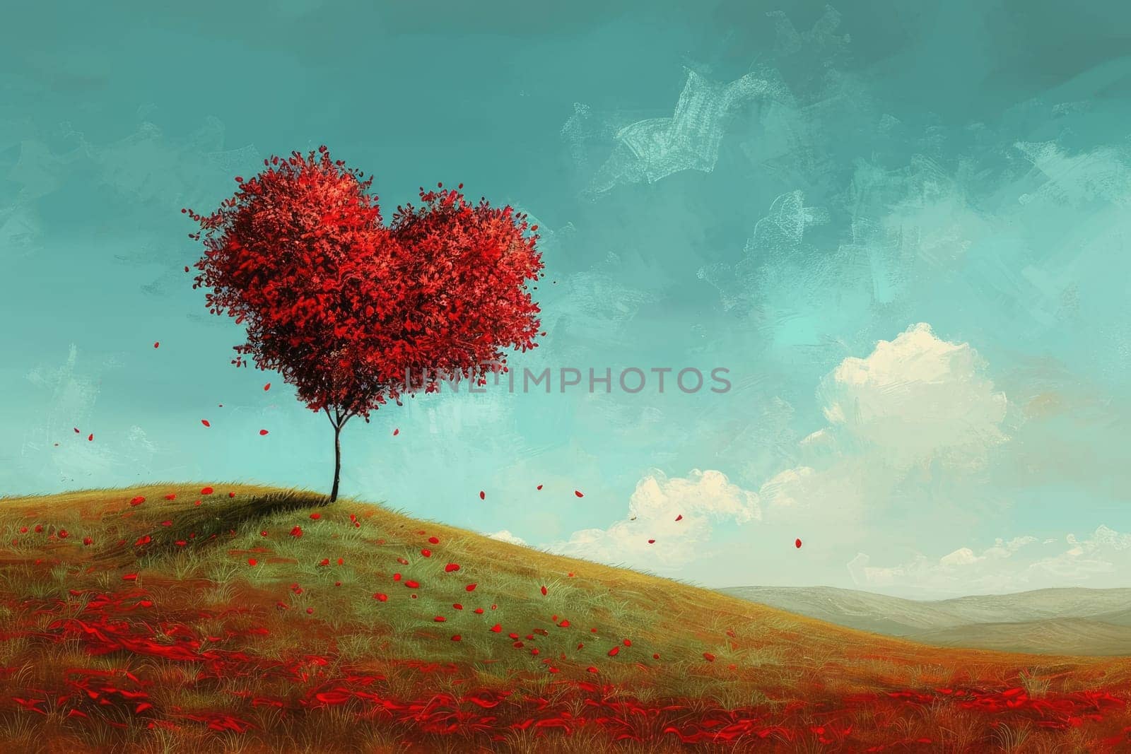 red tree of love in red flower field valentines day pragma by biancoblue