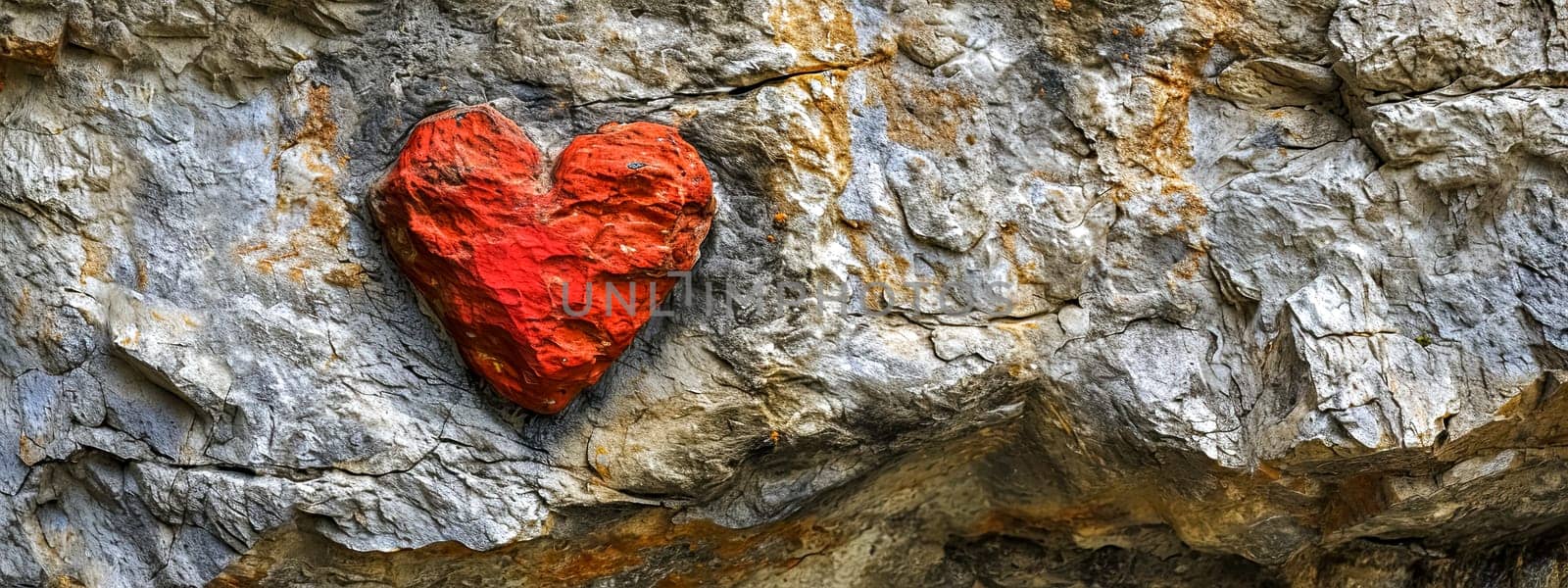 Valentine's Day, bright red heart painted on a rugged stone surface, contrasting sharply with the natural grey tones of the rock, symbolizing love or passion in a raw, natural setting, copy space